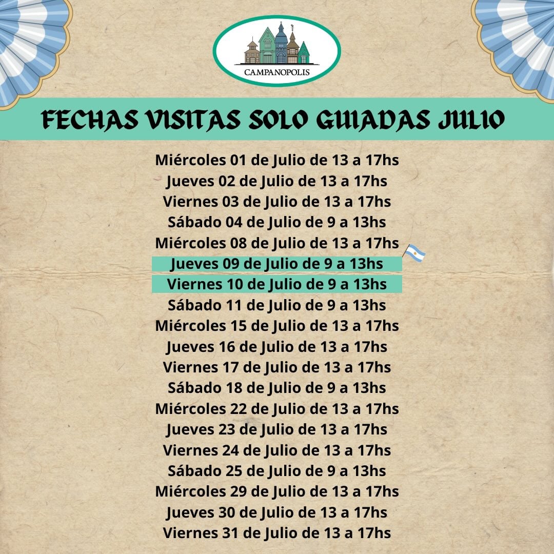 Días en que habrá visitas guiadas en el mes de julio