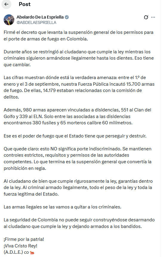 El posteo del presidente colombiano en X