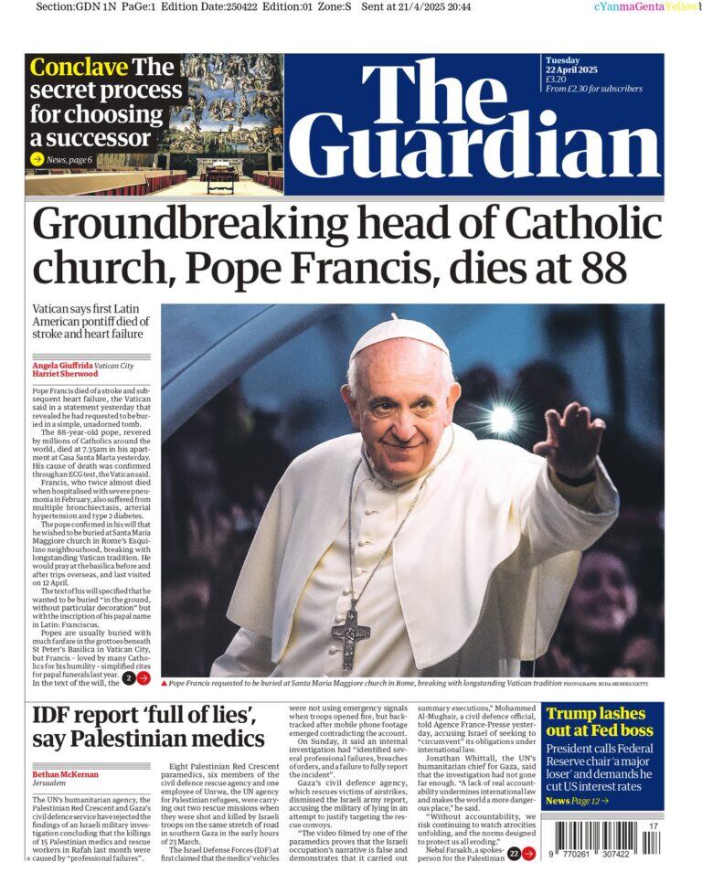 Portada de The Guardian sobre la muerte del papa Francisco