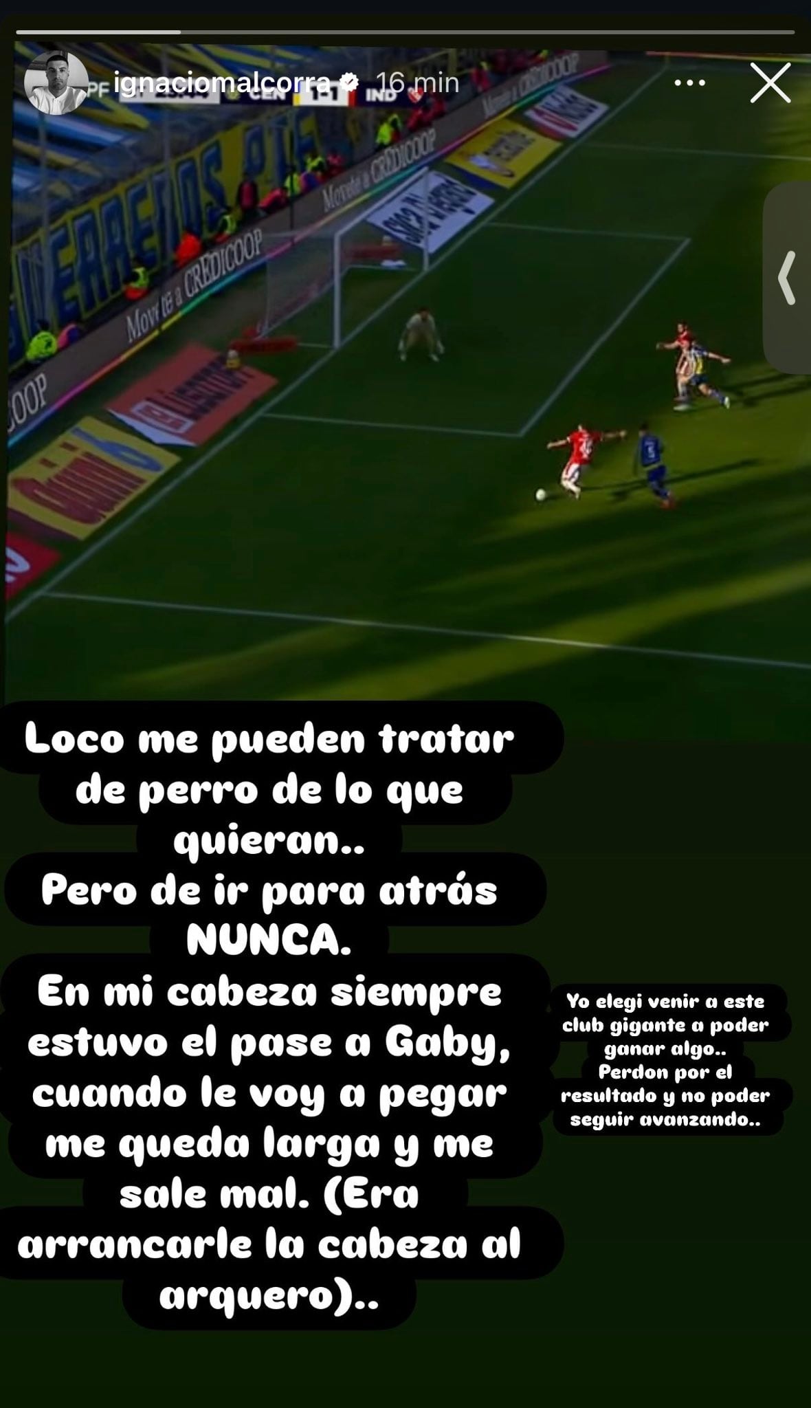 La historia que Ignacio Malcorra publicó en Instagram luego de una jugada en la que finalizó mal en el duelo ante Rosario Central