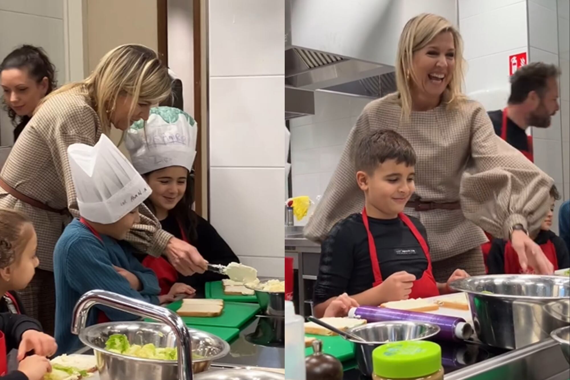 La reina se sumó a preparar sandwiches con un grupo de niños durante una actividad en Amersfoort (Foto: Captura de video / Instagram @eo_blauwbloed)