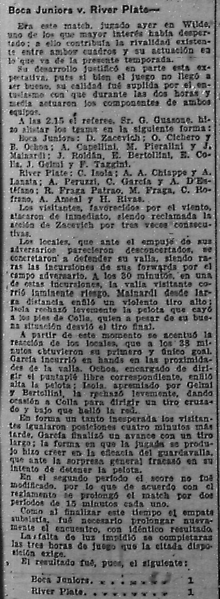 Parte de la crónica de LA NACION del 3 de mayo, referida al primer partido entre ambos por la Copa Competencia de 1915; a pesar de que se había tratado de apenas el tercer enfrentamiento en el historial, el diario ya hablaba de 