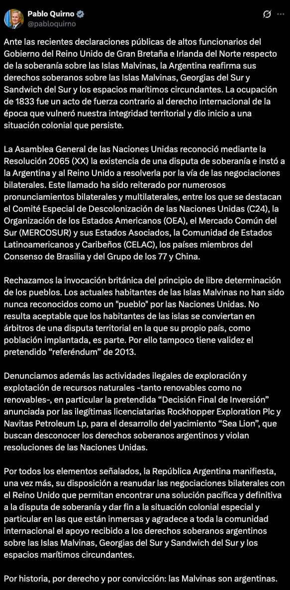 El tuit de Pablo Quirno sobre la soberanía de las Islas Malvinas