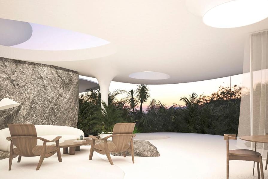 Esta casa griega moderna se llama Mariposa pintada de blanco, tanto en el interior como en el exterior, para evitar el calor dentro de la vivienda