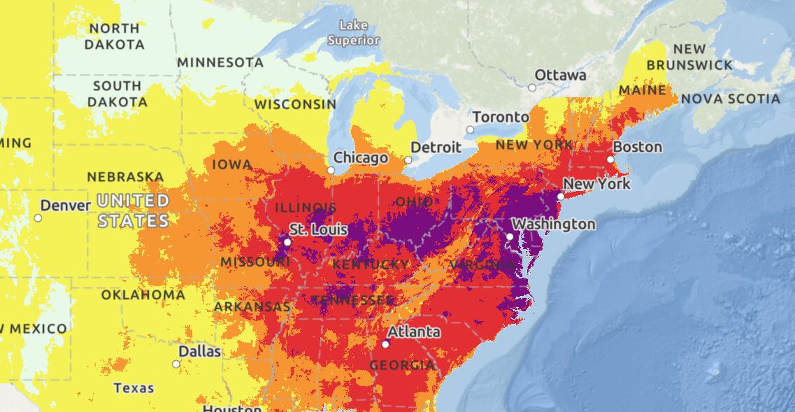 Así se encuentra el riesgo de calor en algunos estados del país norteamericano. El color morado representa la mayor amenaza