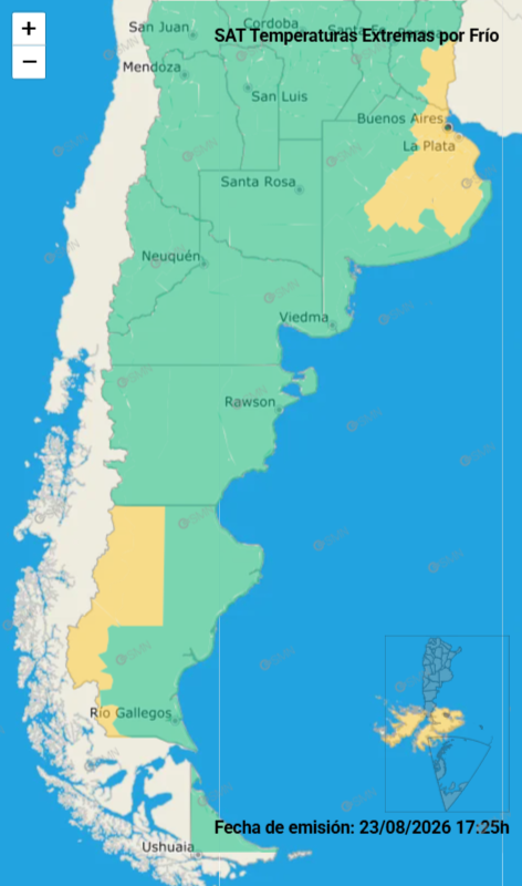 El mapa publicado por el SMN que indica las provincias afectadas por la alerta vigente este lunes 24 de agosto