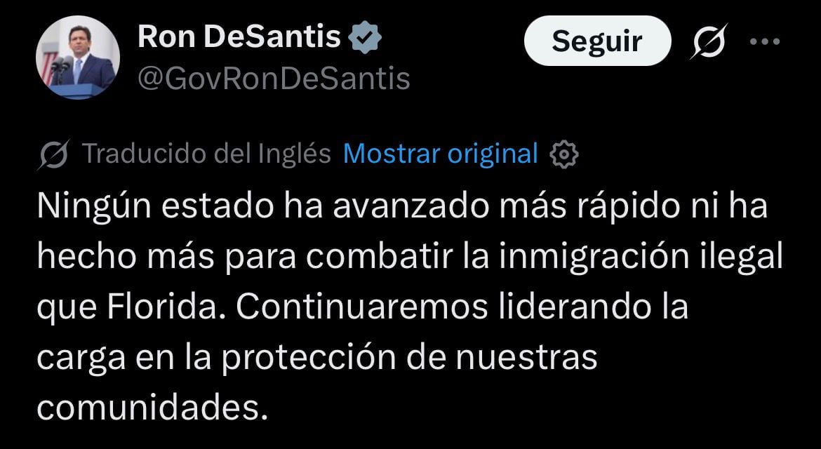 Contra la inmigración: el mensaje oficial de Ron DeSantis por la aplicación de una ley estatal a favor del ICE 7 El mensaje de DeSantis sobre la inmigración ilegal en Florida