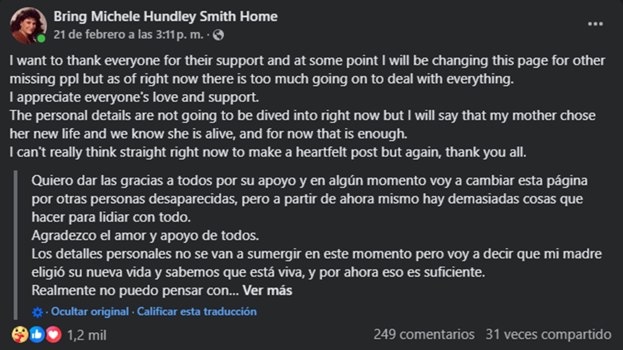 Amanda decidió compartir una extensa carta luego de conocer la noticia sobre su madre