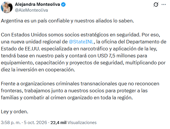 El posteo de Monteoliva luego de la presentación de la