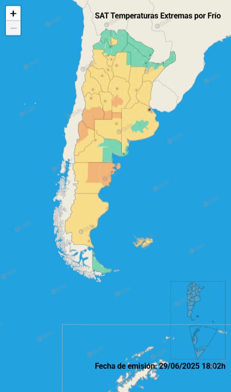El Servicio Meteorológico Nacional (SMN) emitió un alerta amarilla por frío extremo para casi todo el territorio argentino.