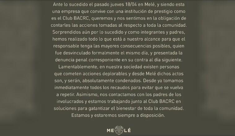 El comunicado que emitió Melé, el concesionario del restaurante del club