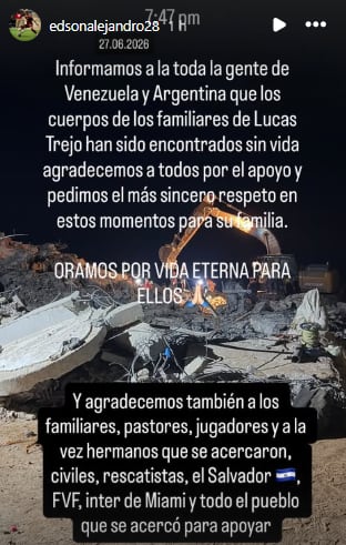 La publicación de Edson Tortolero que confirmó que los familiares de Lucas Trejo fueron encontrados sin vida
