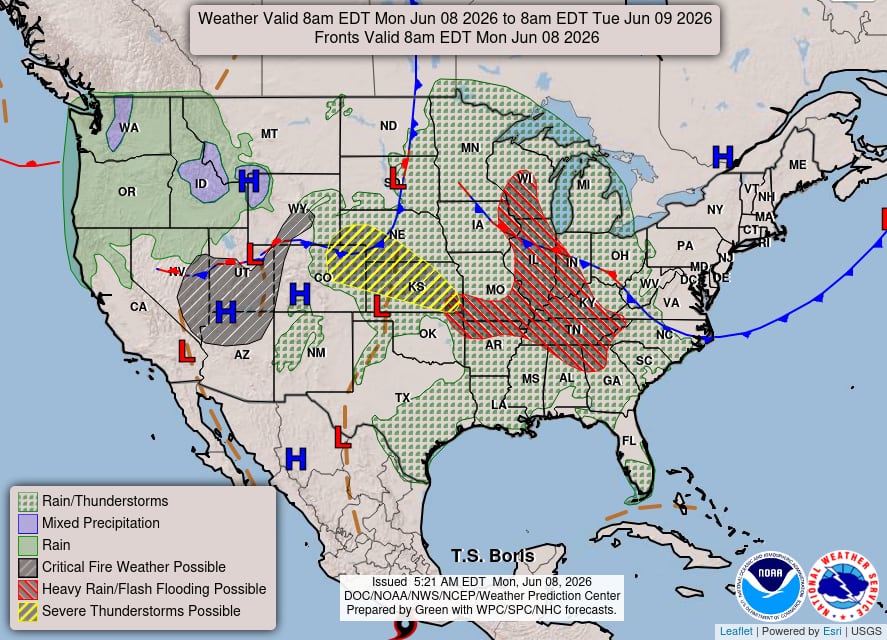 El NWS determinó un Riesgo Leve de lluvias excesivas para las cuencas media y baja del Mississippi, el valle de Tennessee, el valle de Ohio y porciones de las Llanuras Centrales y del Sur
