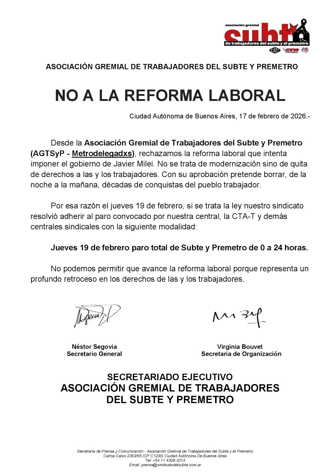 El comunicado de Metrodelegados sobre el paro de 24 horas del subte por la reforma laboral