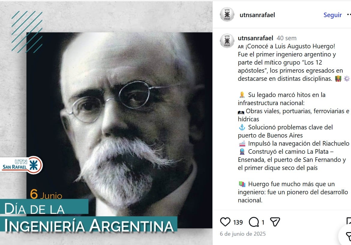 Varios sitios web saludan a Huergo en el día de la ingeniería con un retrato de Francisco Moreno