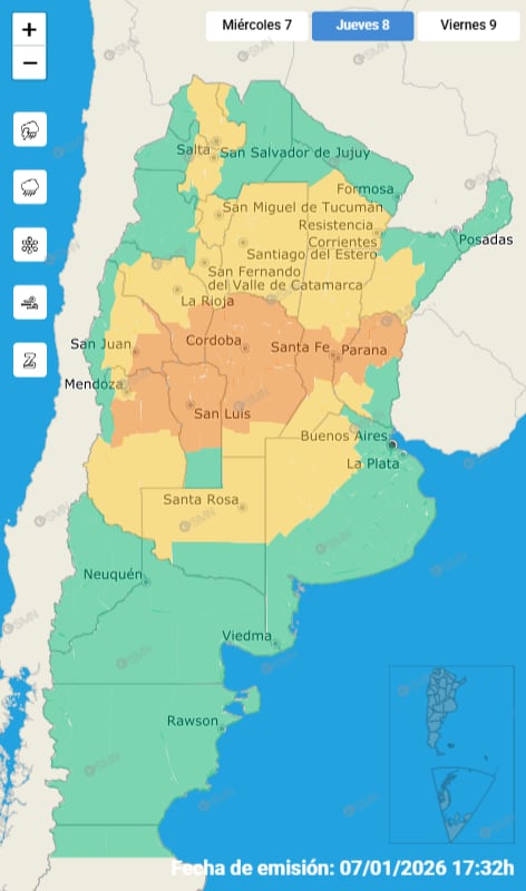 Las alertas emitidas por el SMN para este jueves 8 de enero