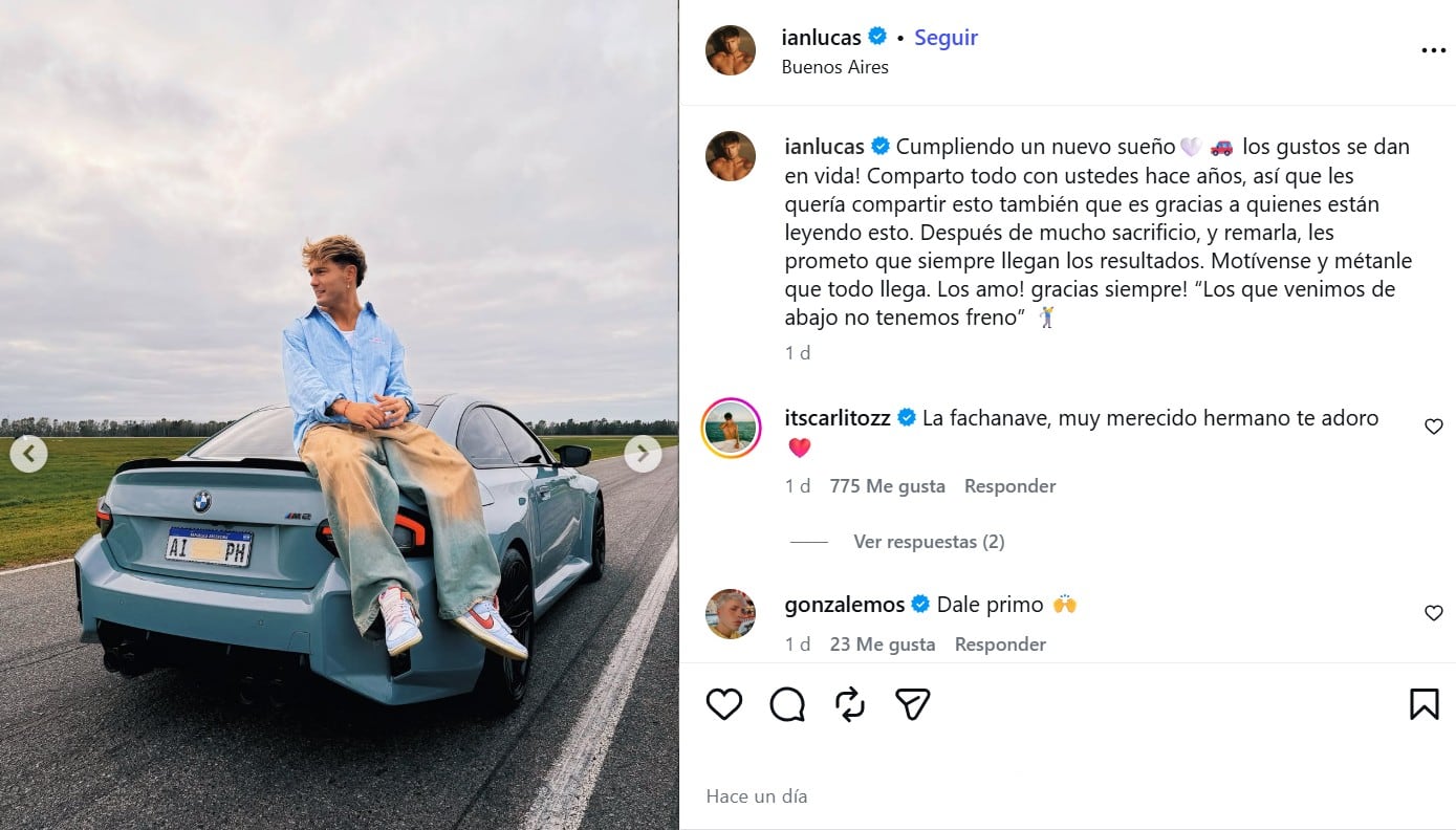 Lucas celebró la compra de su nuevo auto con una emotiva publicación (Captura: Instagram @ianlucas)