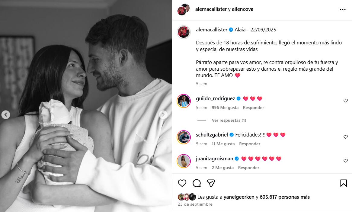 El posteo de la pareja cuando nació su hija