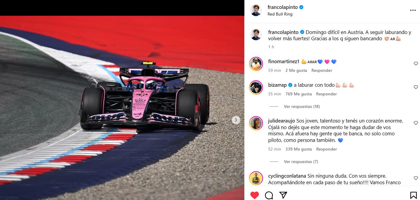 El posteo de Franco Colapinto tras los resultados en el Gran Premio de Austria (Foto: Captura Instagram @francolapinto)