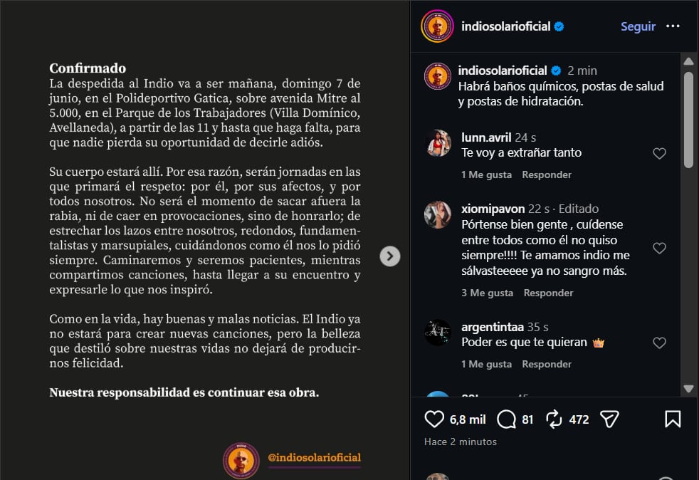 La publicación que hizo la familia del músico para confirmar la información