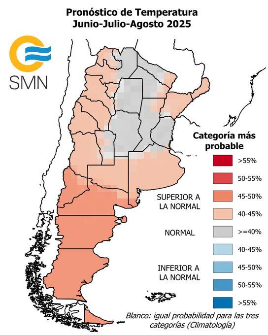 Gráfico de tendencia trimestral de temperatura en la Argentina entre junio y agosto de 2025