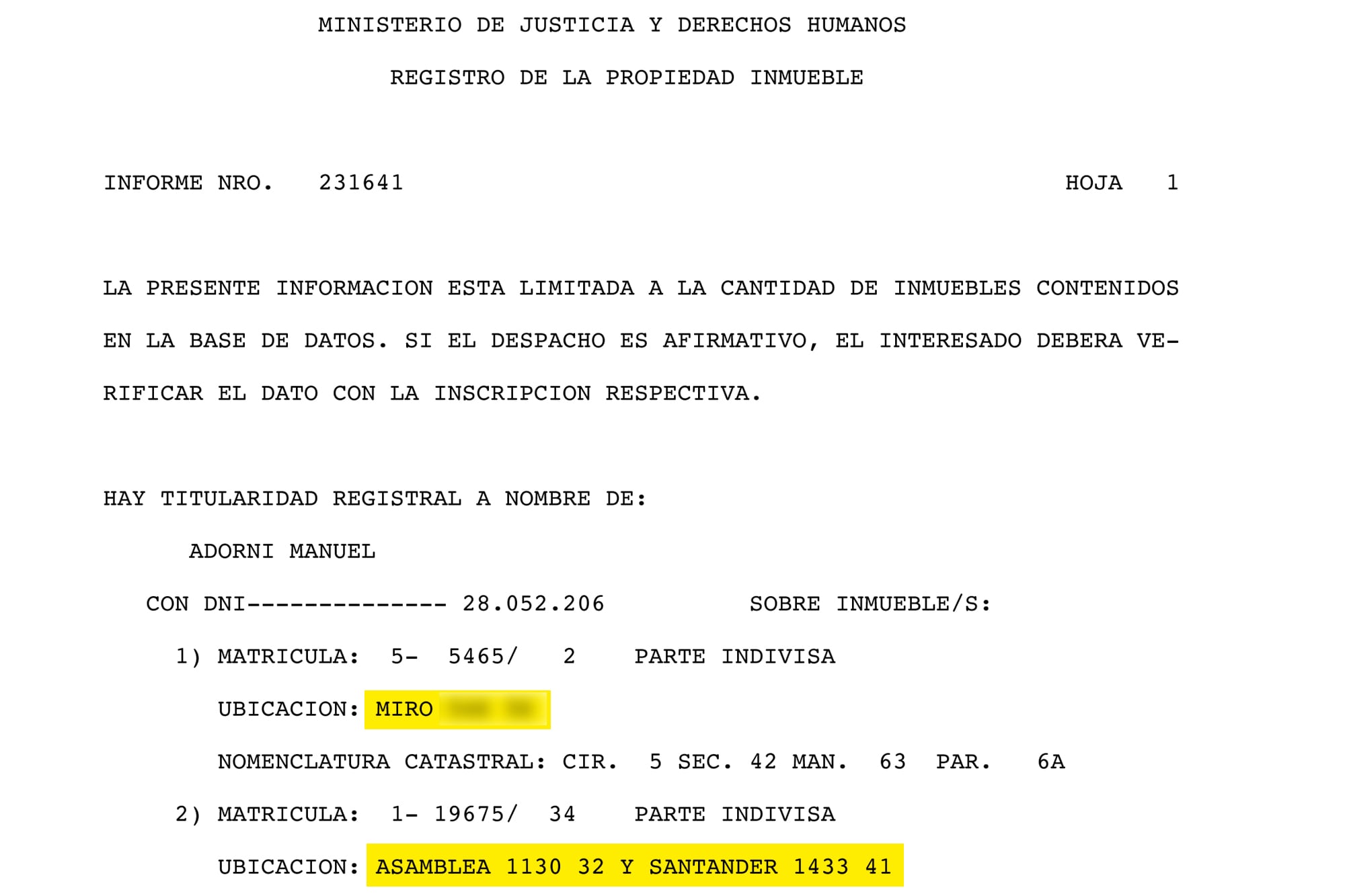 La documentación del Registro de la Propiedad de inmuebles sobre Manuel Adorni