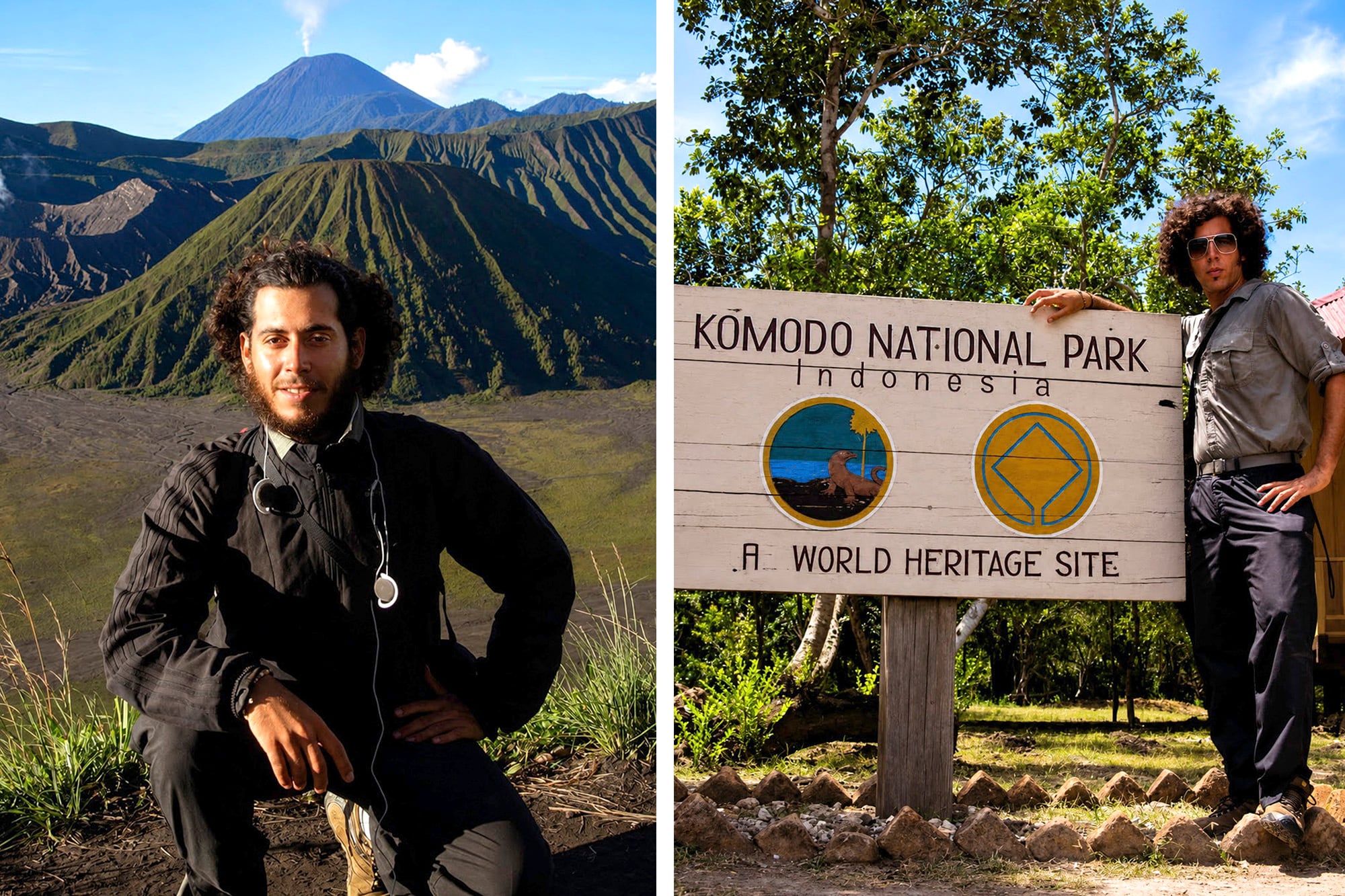 Gabriel Vivanco con el volcán Bromo detrás (izquierda) y él en el Parque Nacional Komodo ubicado en Indonesia (derecha)