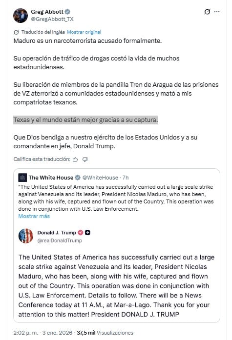 El gobernador de Texas, Greg Abbott, celebró la captura de Nicolás Maduro