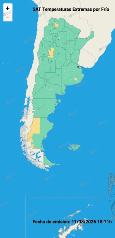 El mapa de temperaturas extremas del SMN para este viernes