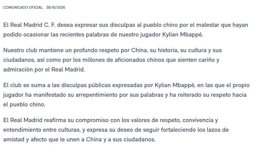 El comunicado de Real Madrid tras el conflicto que se generó entre Kylian Mbappé y China.