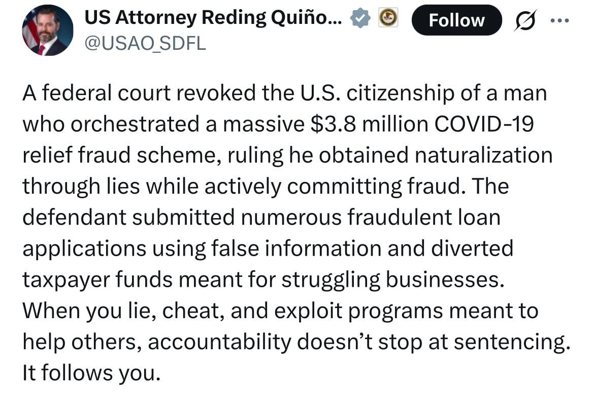 El mensaje en X del Fiscal Jason Reding Quiñones de Florida sobre el hombre que defraudó al estado por 3,8 millones de dólares