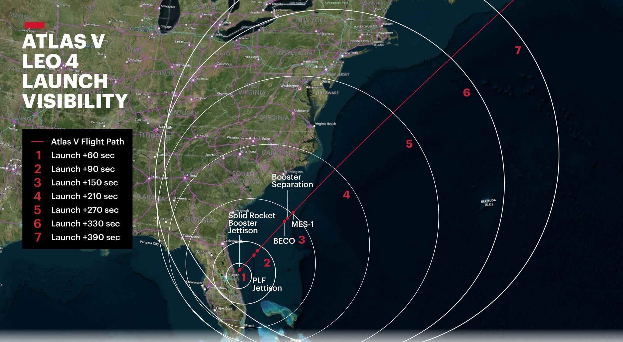 ULA proporcionó un gráfico que muestra el lanzamiento y las zonas de visibilidad