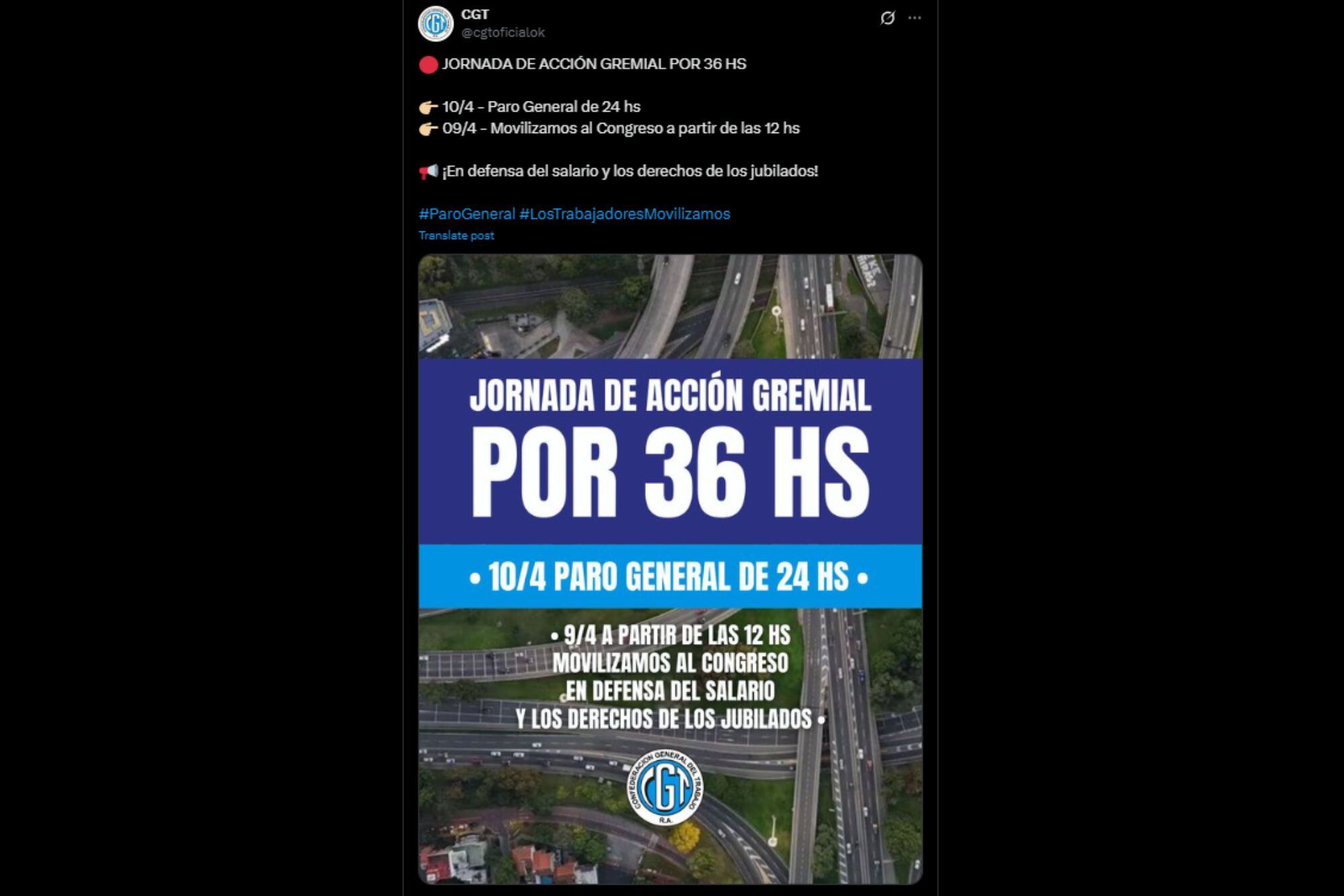 El comunicado de la CGT por el paro del 10 de abril