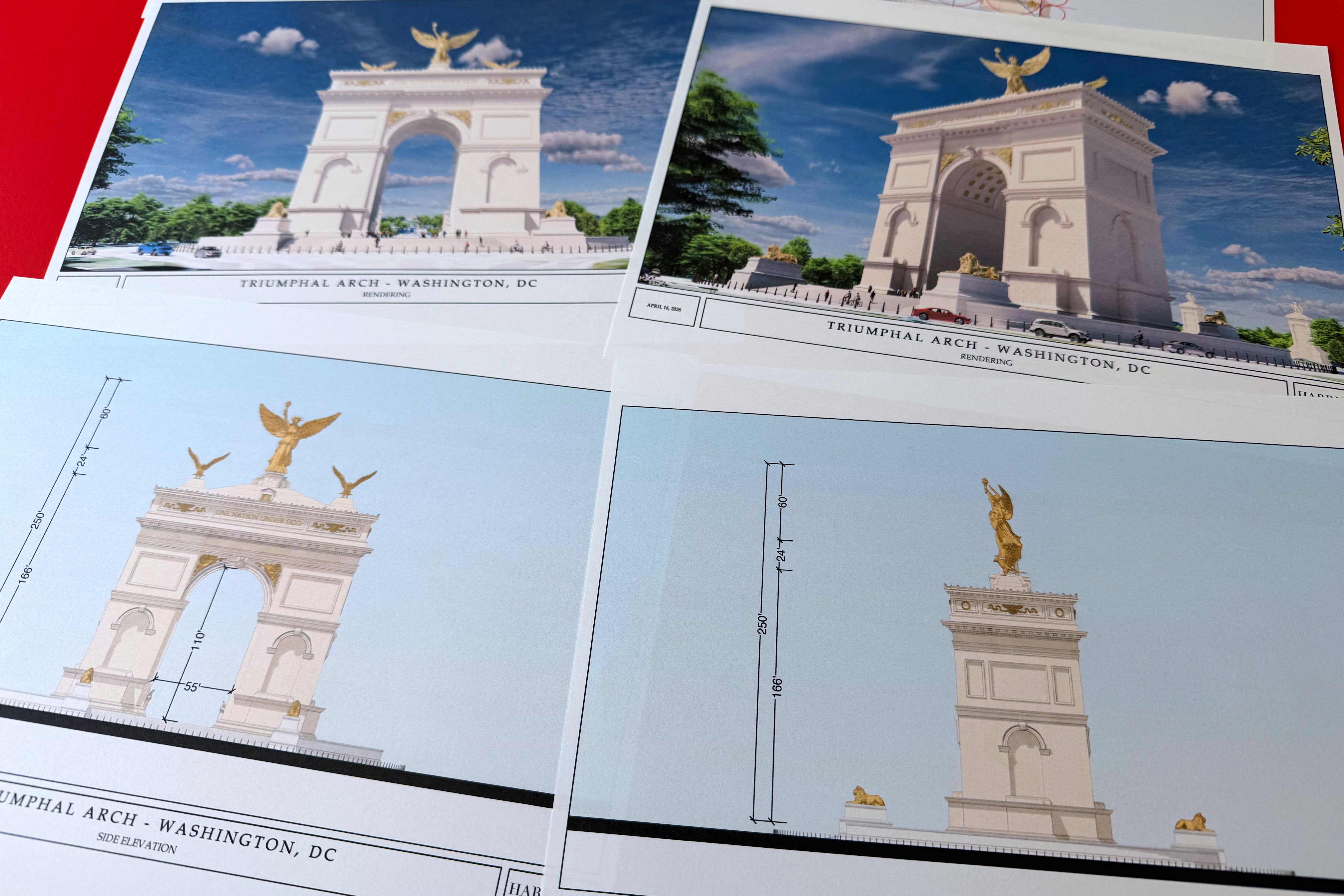 Esta imagen del viernes 10 de abril de 2026 muestra bocetos y diagramas para el nuevo arco triunfal del presidente Donald Trump, que se planea construir en Washington entre el Monumento a Lincoln y el Cementerio Nacional de Arlington