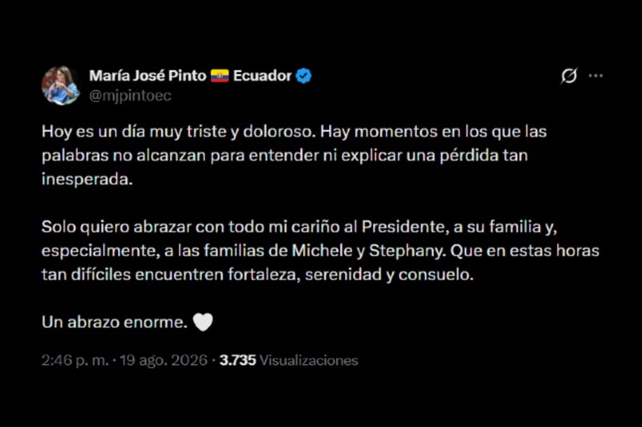 María José Pinto, vicepresidenta de Ecuador, lamentó la muerte del Jefe de Inteligencia y su esposa