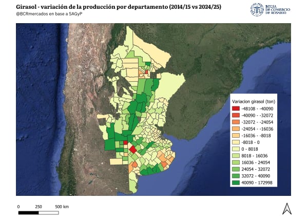 Variación de la producción de girasol por departamento