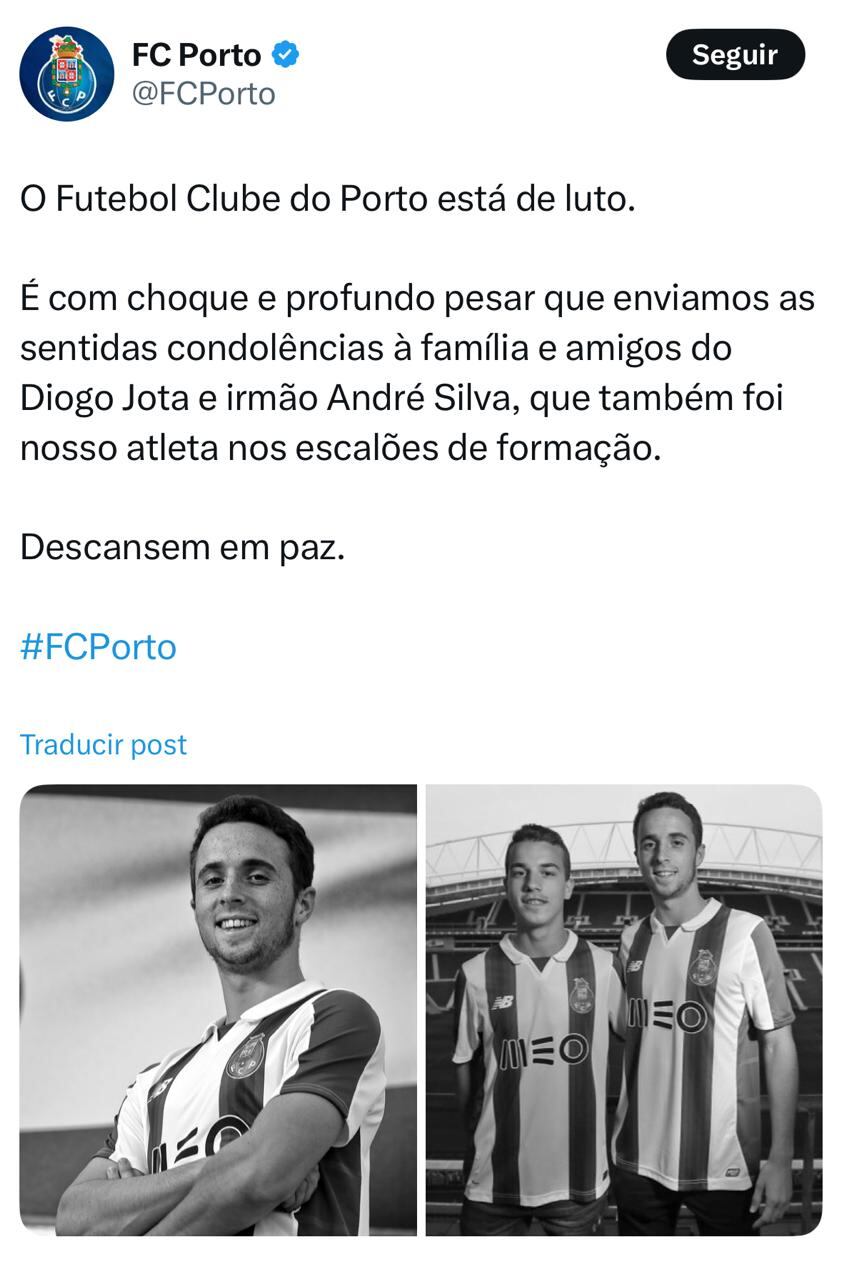 Posteo de Porto sobre la muerte de Diogo Jota