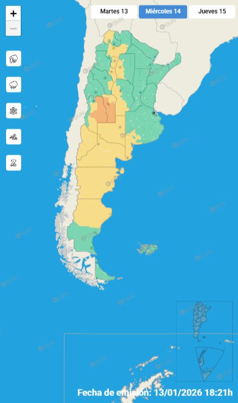 Las alertas emitidas por el SMN para este miércoles 14 de enero
