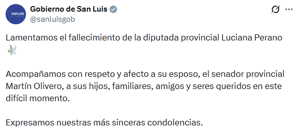 El gobierno de San Luis realizó una publicación en sus redes sociales para despedir a la diputada