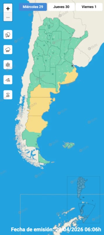 Las zonas en alerta para este miércoles, según el SMN