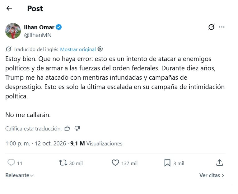 El mensaje de Ilhan Omar tras el allanamiento de su residencia