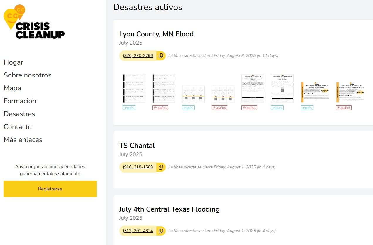 Las tres crisis activas en este momento en Crisis Cleanup fueron provocadas por inundaciones en Minnesota, Carolina del Norte y Texas (Crisis Cleanup)