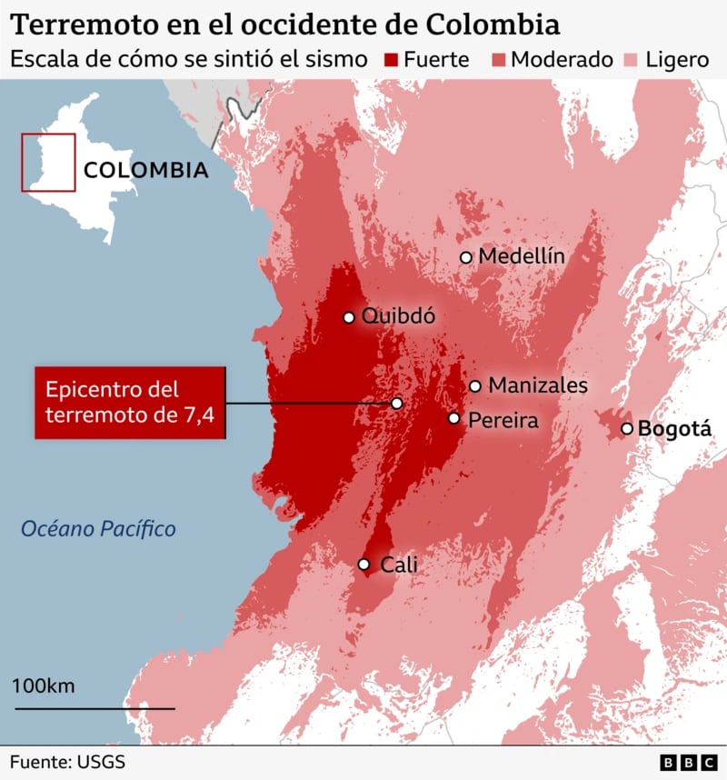 Mapa del último terremoto en Colombia