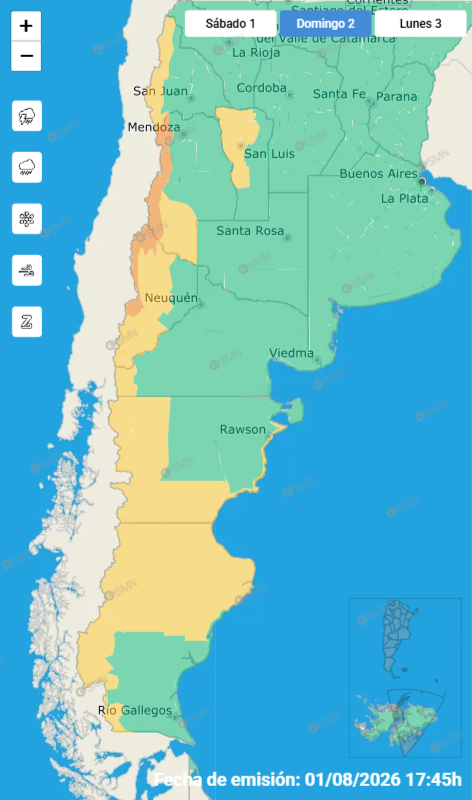 Las alertas emitidas por el SMN para este domingo 2 de agosto