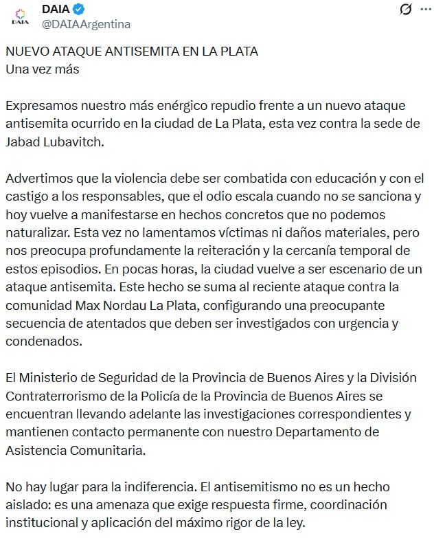 El comunicado de la DAIA