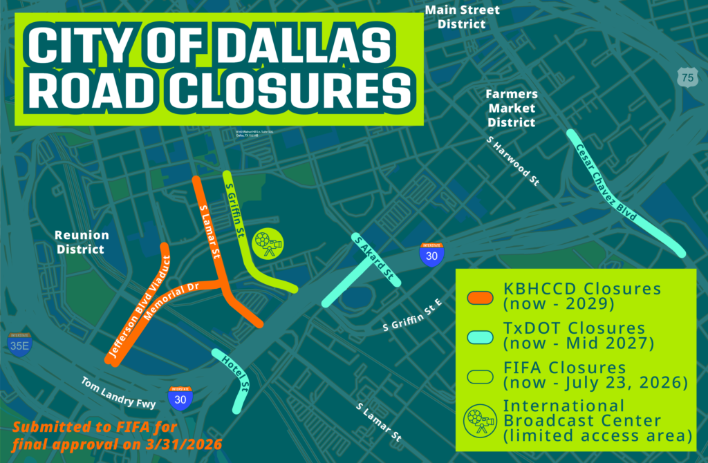 En naranja, los cierres de calles en Dallas