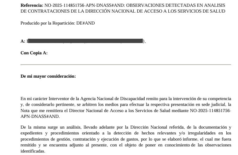Uno de los informes que Vilches elevó a los responsables de Asuntos Contenciosos de Andis