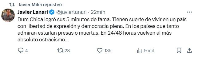 La reacción de un vocero del Gobierno a la presentación de Dum Chica y el reposteo de Milei: “En los países que tanto admiran estarían presas o muertas”.
