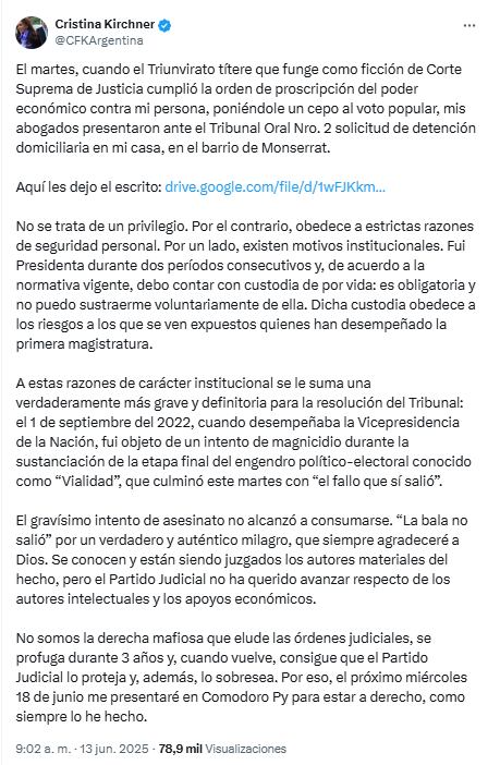 En un mensaje en su cuenta de X, Cristina Kirchner anunció que se presentará ante la Justicia el miércoles 18 de junio