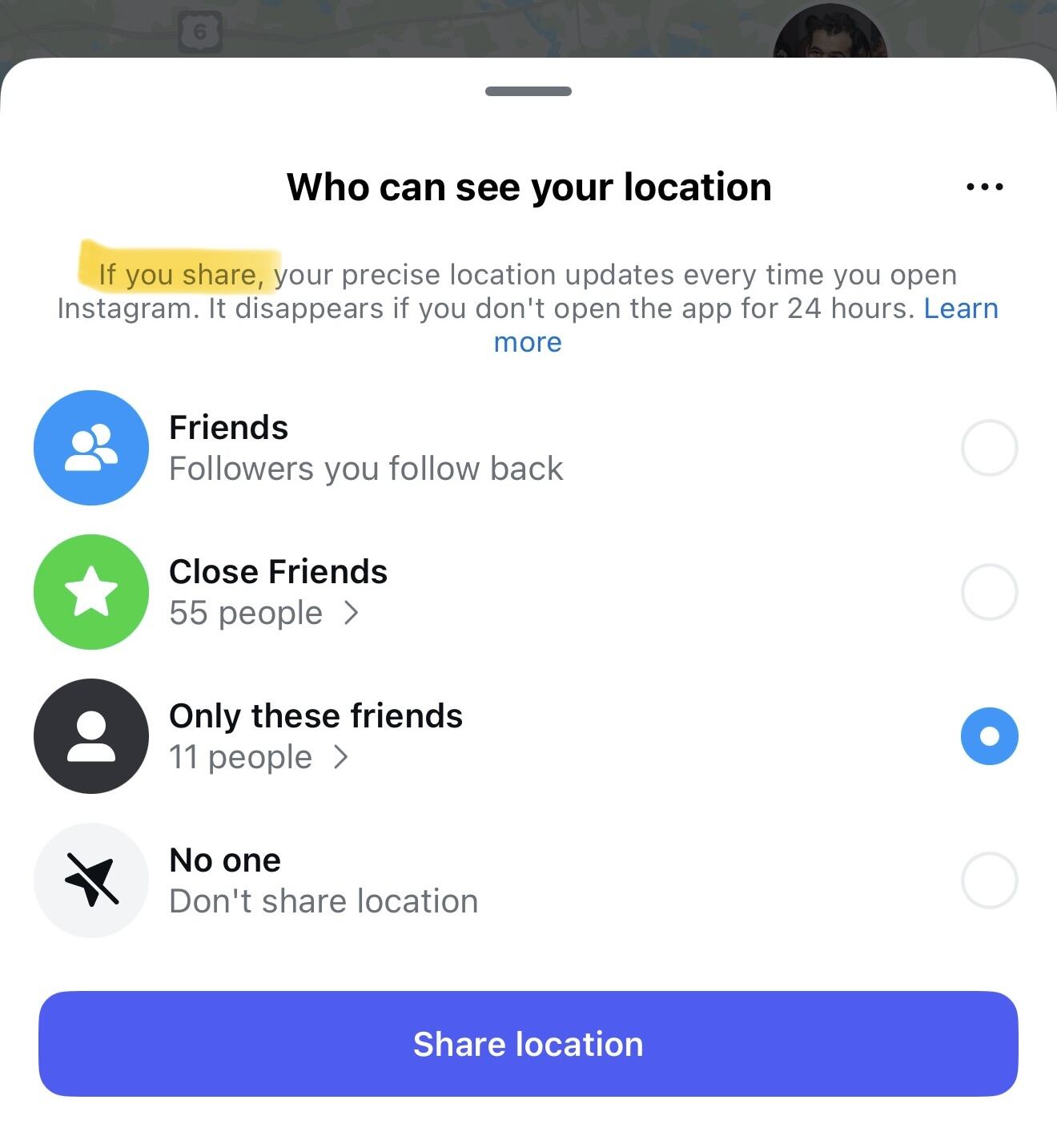 Los usuarios pueden personalizar qué seguidores desean que vean su ubicación en tiempo real o elegir no compartirla